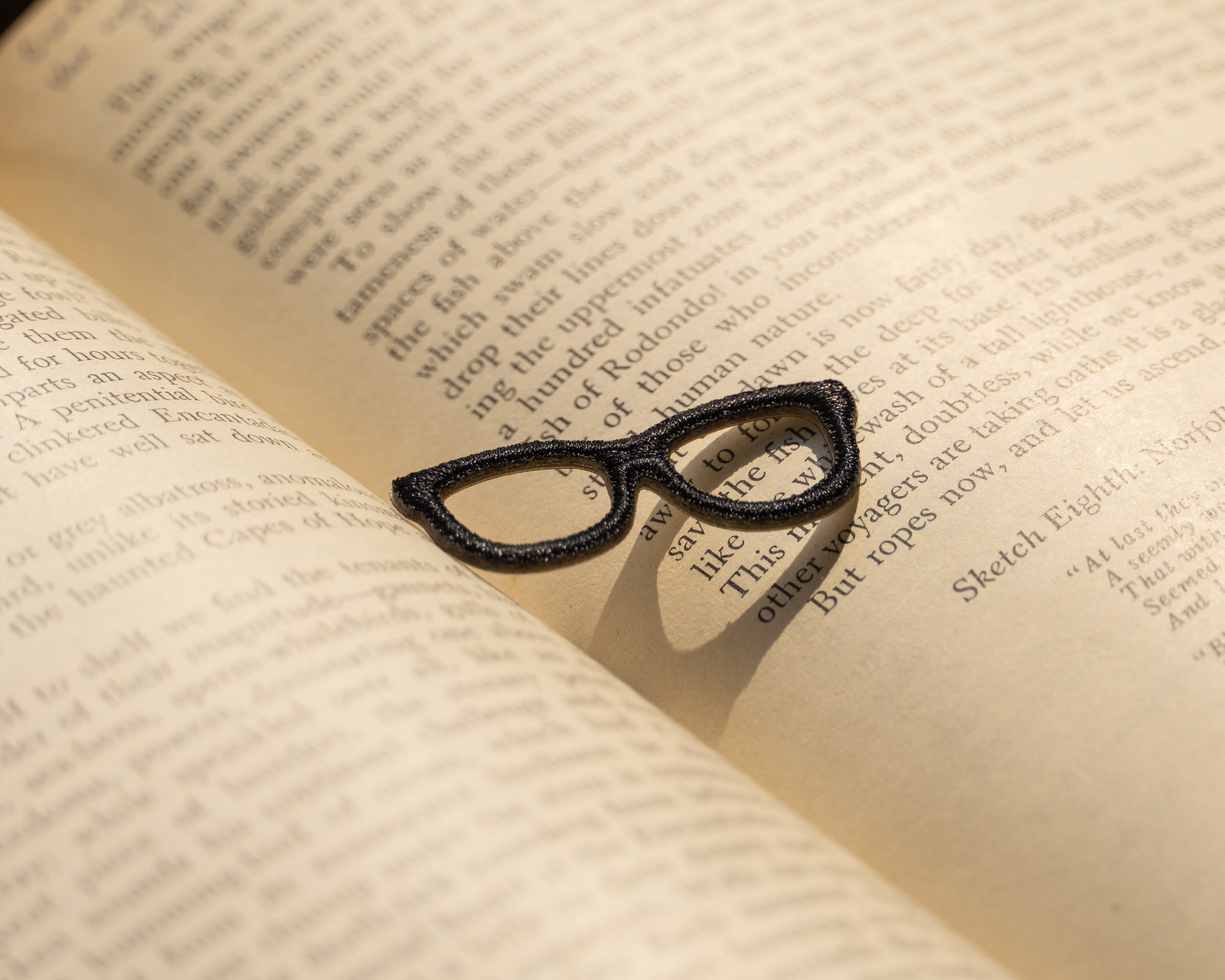 Embroidered glasses accessory photographed on an open book