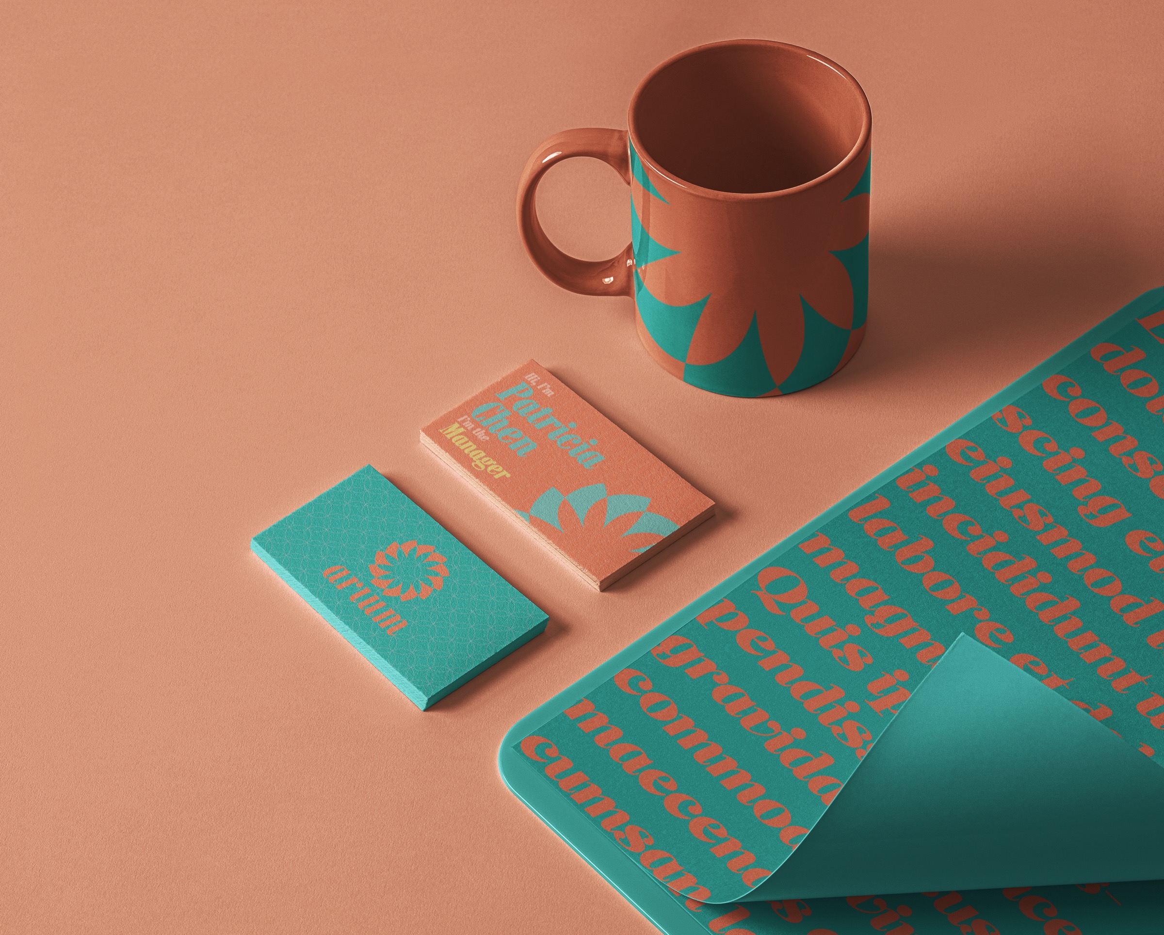 Conceptual Arium stationery and merchandise applications in teal and coral
