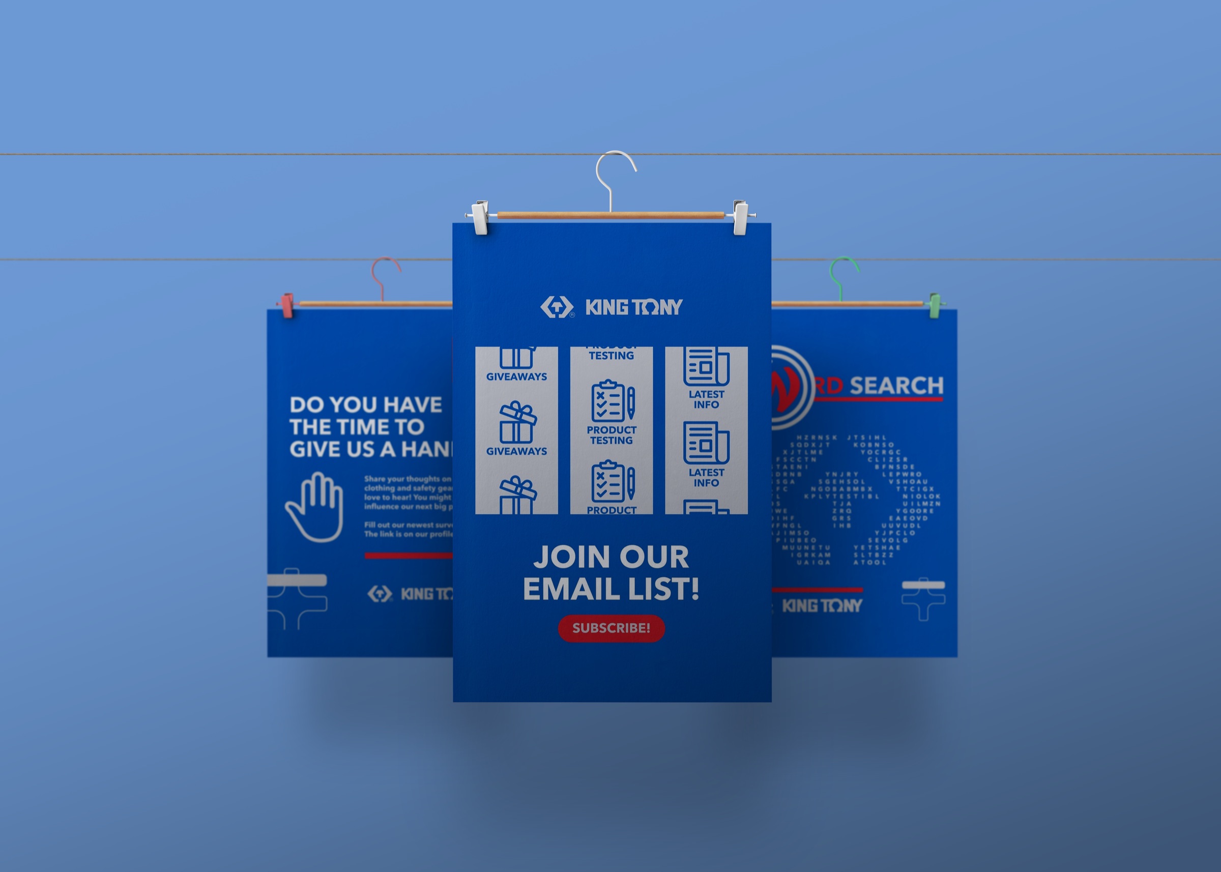 Three King Tony social campaign posters displayed on hanging clips