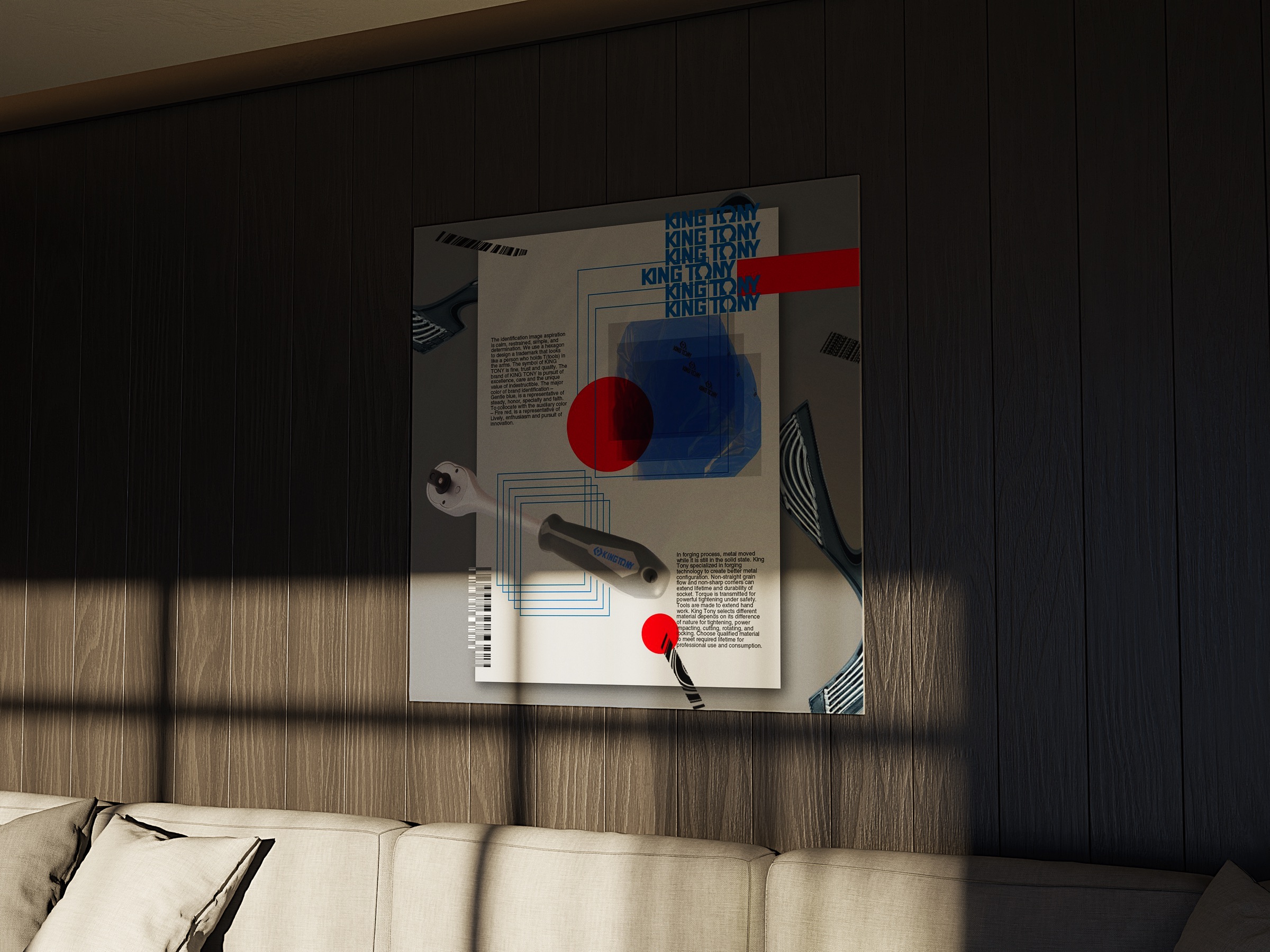 Experimental King Tony poster displayed in a dark living-room interior
