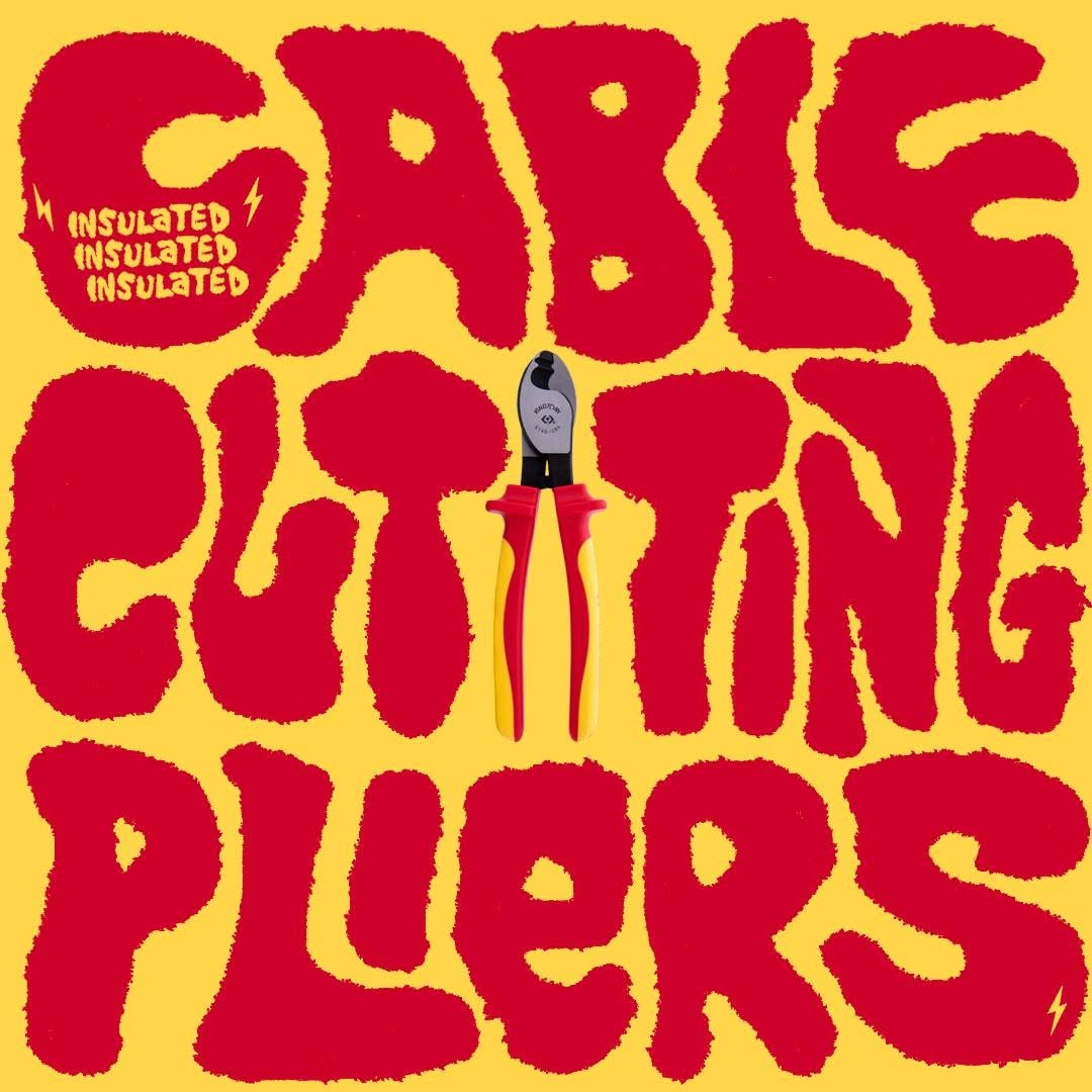Red and yellow typographic social post featuring insulated cutting pliers