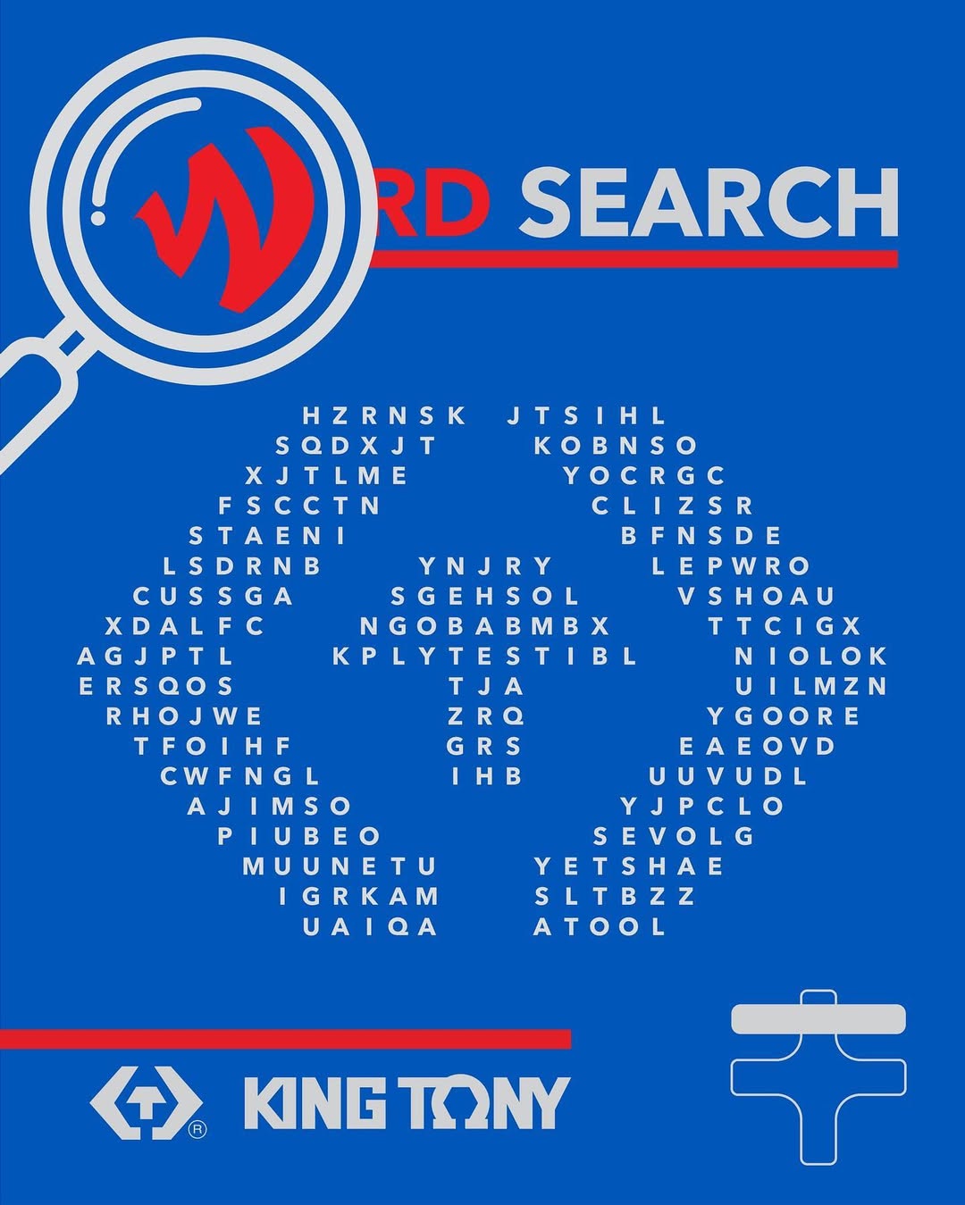 King Tony tool-themed word-search social post