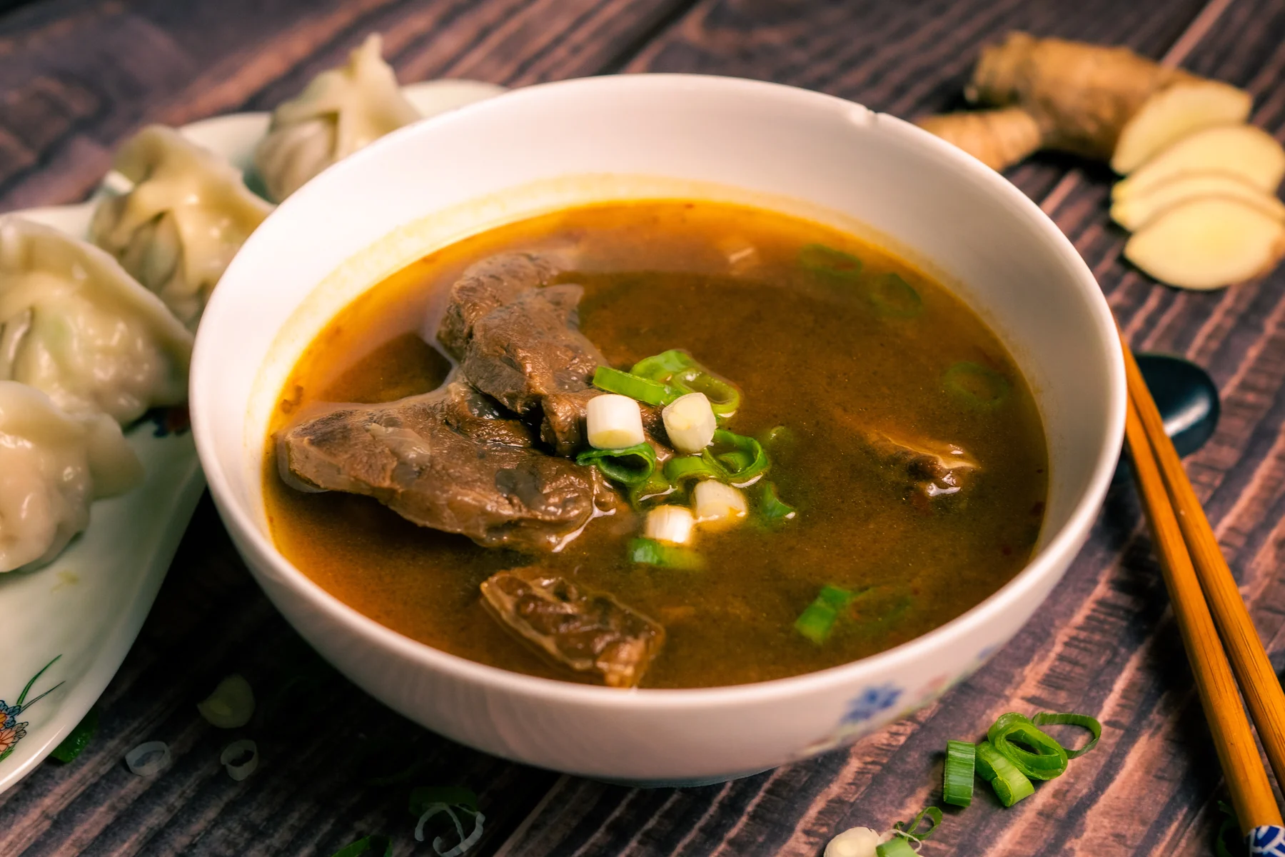 Bowl of soup photographed for Yuan Bao Dumplings