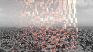 Animated film still combining a textile texture with digital color blocks